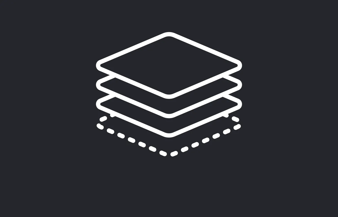 Weißes Icon auf grauem Hintergrund. Das Icon zeigt dreidimensionale Schichten übereinander, der Rand der untersten Schicht ist gestrichelt.
